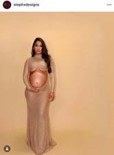 Maternity maxi dress M Gold Shimmer long pregnancy photoshoot cut out gown