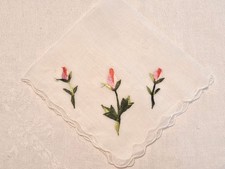 SALE Vintage Triple Embroidered Pink Rosebud Corner Scalloped Hankie FREE SHIP