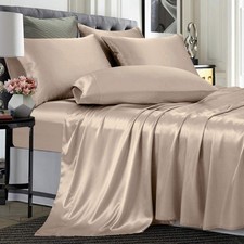 TREELY 6 Piece Queen Size Taupe Silk Sheet Set With Flat Sheet, 2 Pillowcases...