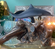 John Perry Black Dolphin Drift Wood Sculpture on a Burlwood Base