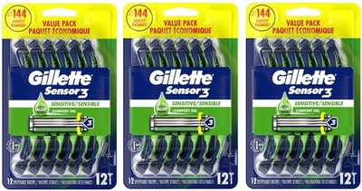 Gillette Sensor3 Sensitive Men's Disposable Shaving Razors 3X (12-PACK) 36 COUNT