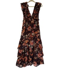 Maxi Dress Floral Tiered Ruffle Deep V Neck Tie Back Women Size M Chiffon Party