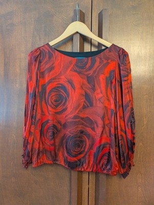 alice + olivia Red Black Rose Silk Charmeuse Blouson Bubble Hem Blouse Nwot M