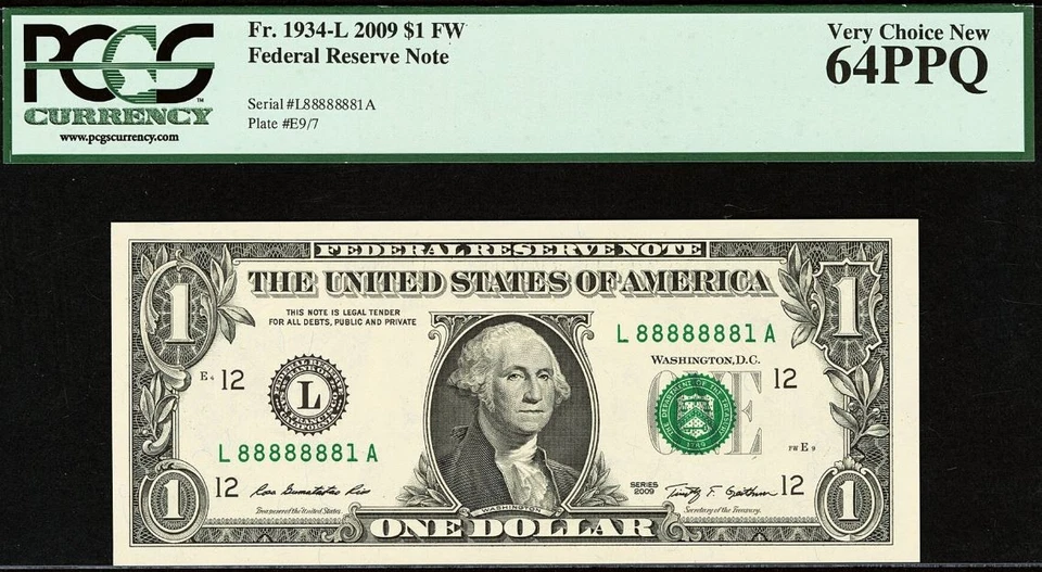 1988A & 2009 $1 FRN PCGS 65PPQ Near Solid Binary Serial Number 11111118/88888881 - Image 2 of 4