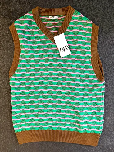 Zara Men’s V-Neck Sleeveless Knit Sweater Vest Striped Green Pink Brown S/M video thumbnail