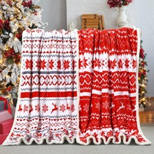 2Pcs Christmas Holiday Sherpa Throw Blanket with Red Reindeer Snowflake Home ...