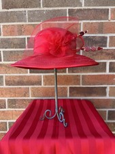 Red Kentucky Derby Wide Brim Hat Church Wedding Occasion Straw Satin w/ Hat Pins