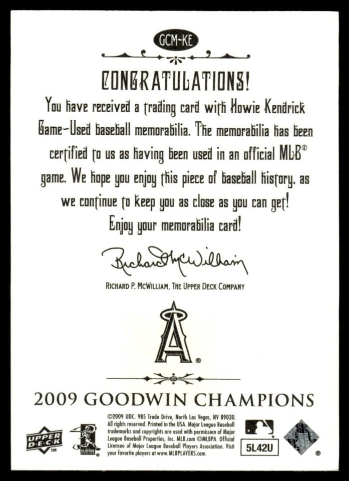 2009 Upper Deck Goodwin Champions Memorabilia Howie Kendrick Los Angeles Angels - Image 2 of 2