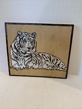 Signed Tiger Wood Burning Art On Wood Appears To Be Birch 7x8  