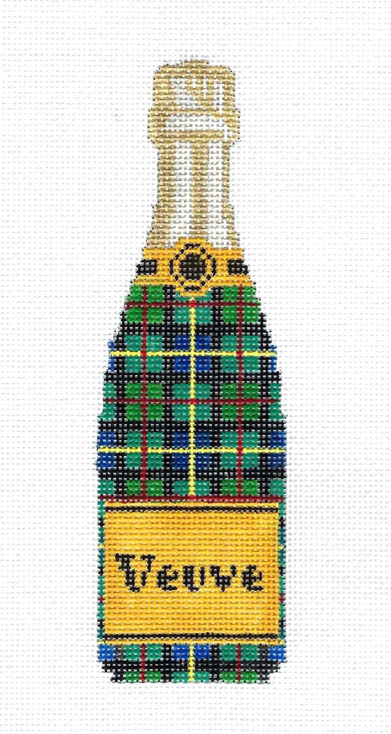 "Veuve" Champagne Bottle Tartan Plaid handpaintd Needlepoint Canvas C