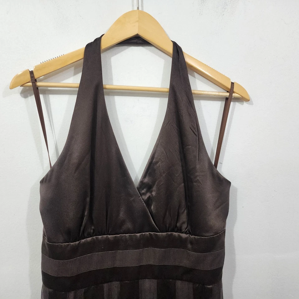 Vintage 90s Calvin Klein Mixed Silk Satin Chocolate Halter Dress Women's Size 10 - Image 4 of 4