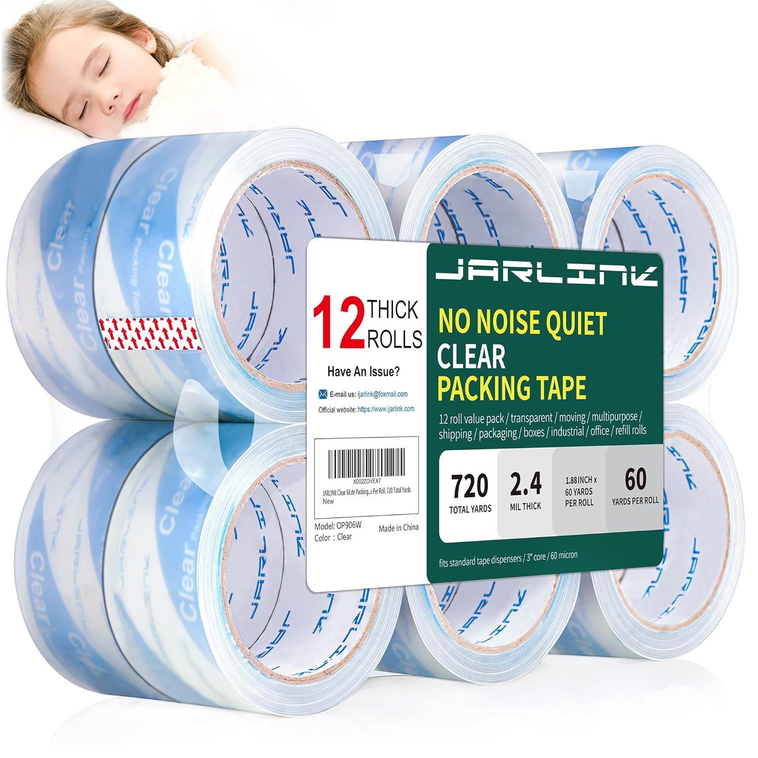 JARLINK No Noise Clear Quiet Packing Tape 12 Rolls, Heavy Duty Packaging Tape 60