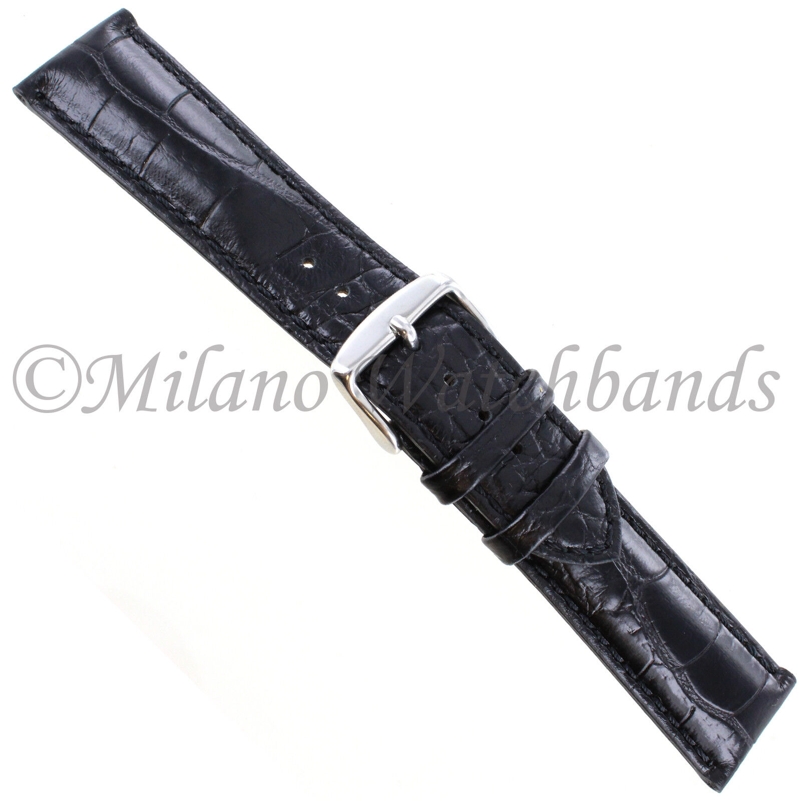 22mm deBeer Baby Crocodile Grain Black Heavy Padded Stitched Mens Watch Band