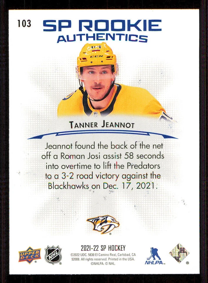 2021-22 SP Blue #103 Tanner Jeannot - Image 2 of 2