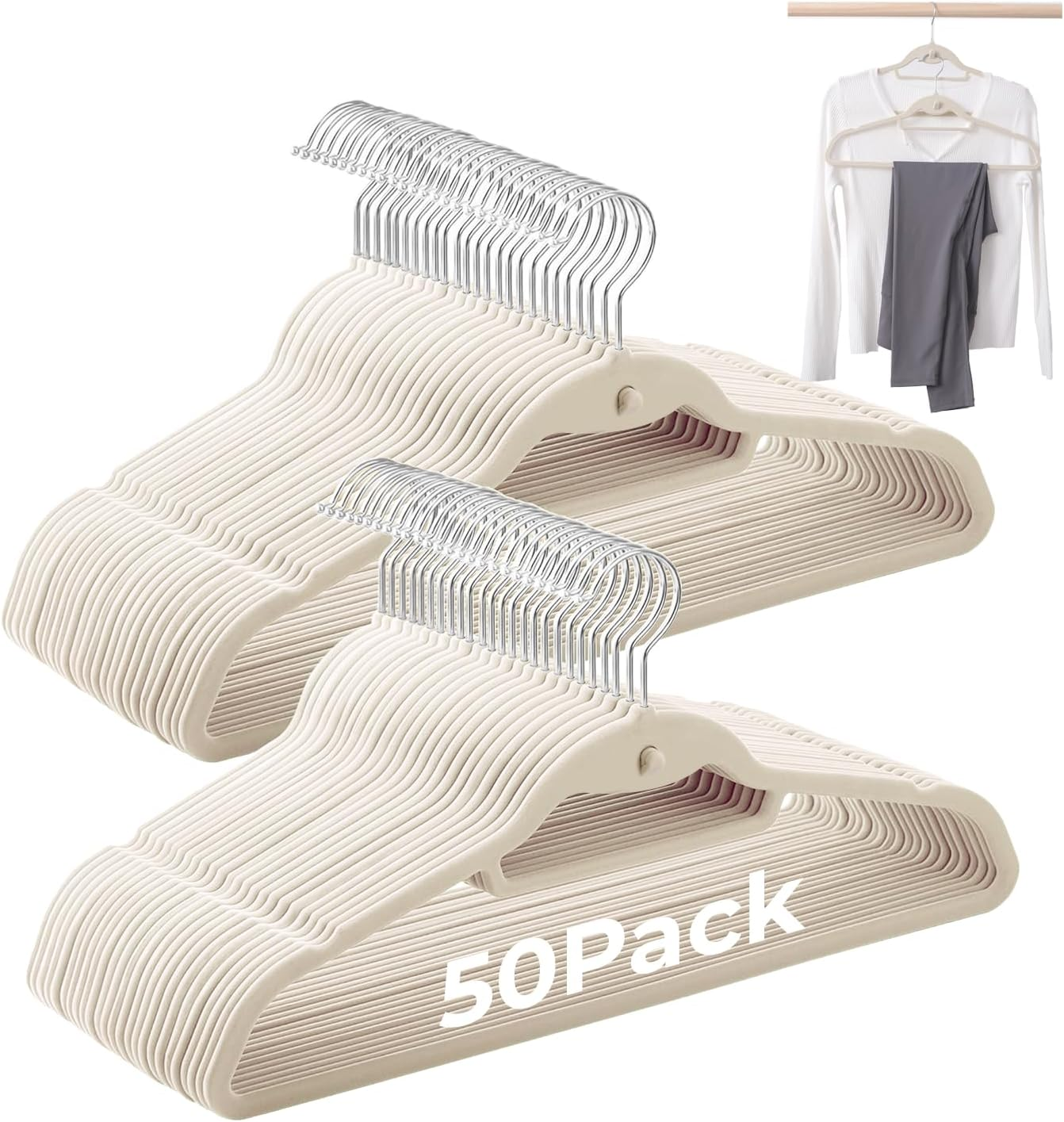 Ivory Velvet Non-Slip Felt Hangers 50 Pack Stackable Cascading Design-image