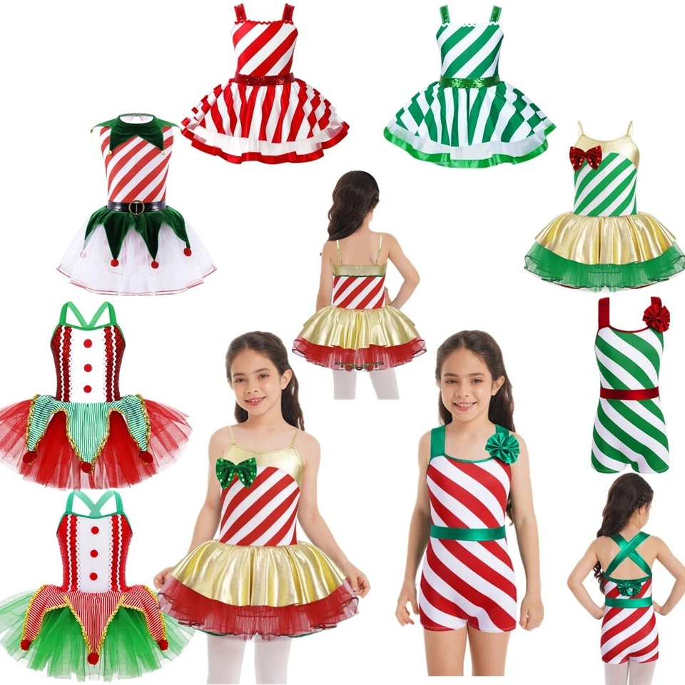 Niñas Disfraz de Navidad Figura a Rayas Patinaje sobre Hielo Ballet Tutú Vestido de Baile Foto 2 de 3