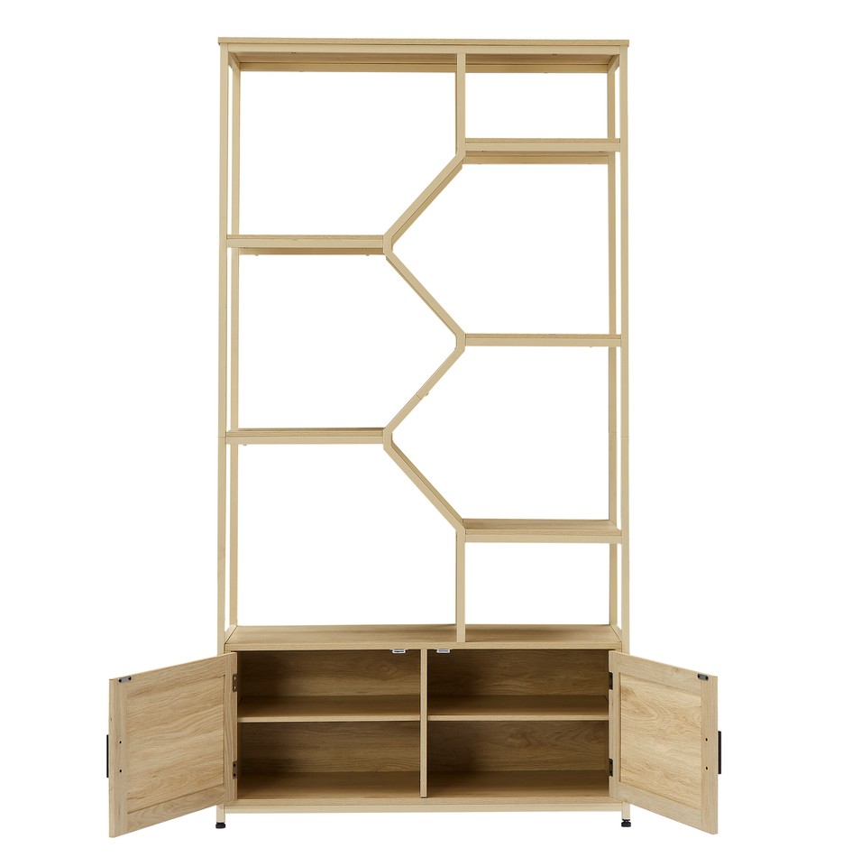 Rattan 7 Tier Bookshelf Rattan Boho Bookcase with Doors for Living Room
