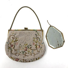 Vintage Beaded Clutch Handbag Mirror Set Small Floral Dainty Feminine Coquette