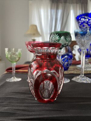 Vintage Val Saint Lambert Cranberry Cut to Clear Vase RARE SIGNED