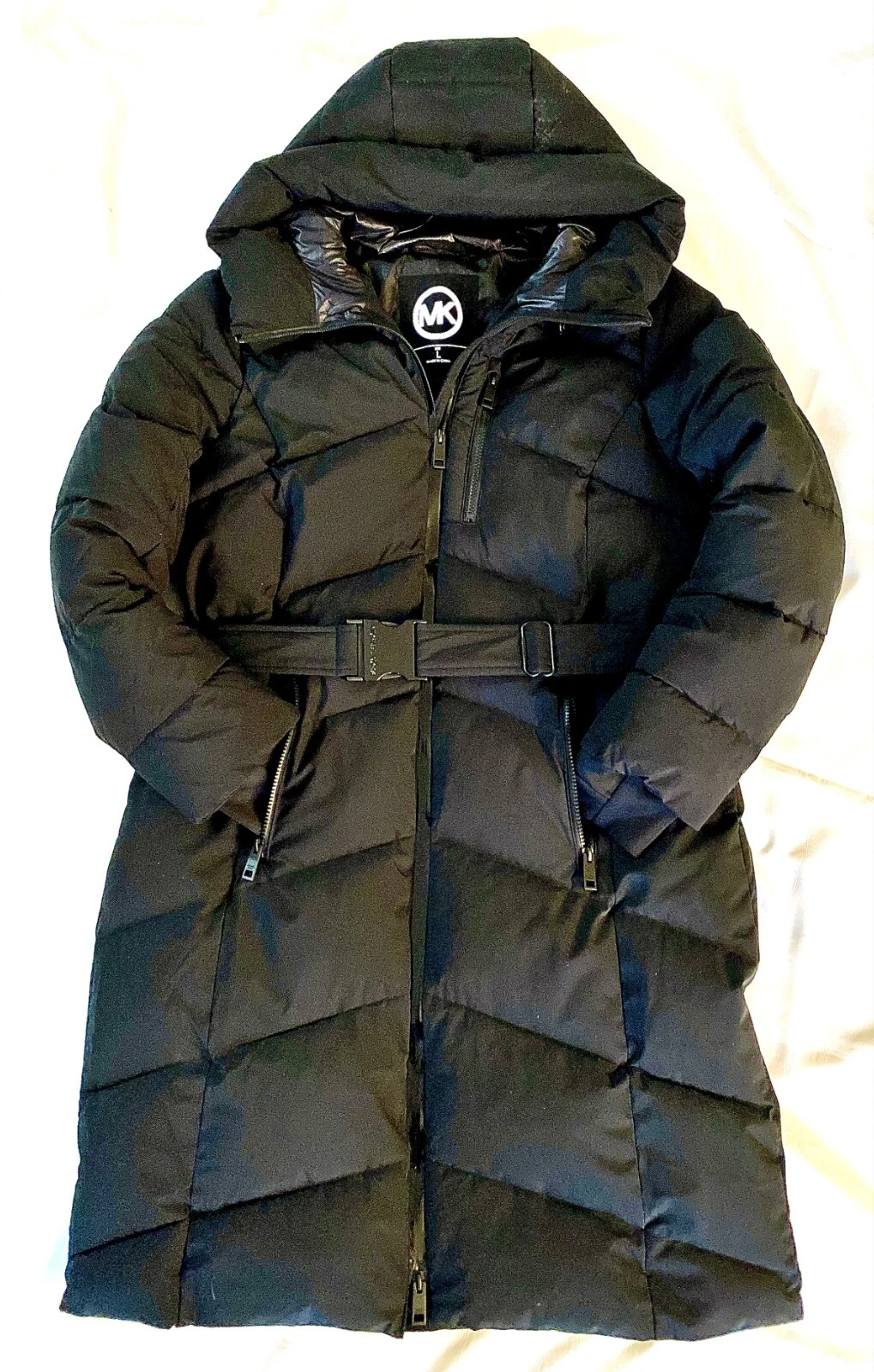 Nuovo Michael Kors nero lunghezza ginocchio trapuntato puffer jacket con cappuccio donna large