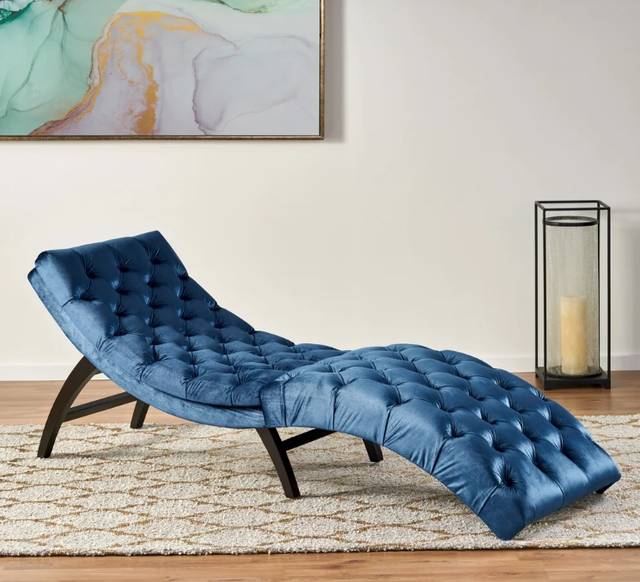Chaise Lounge Chair Sofa Daybed Curved Lounger Bedroom Tufted Blue