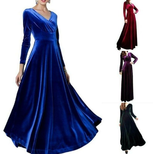S-3XL Women's Velvet Long Dress Long Sleeve Sexy V-neck A-Line Elegant Evening - Picture 1 of 16
