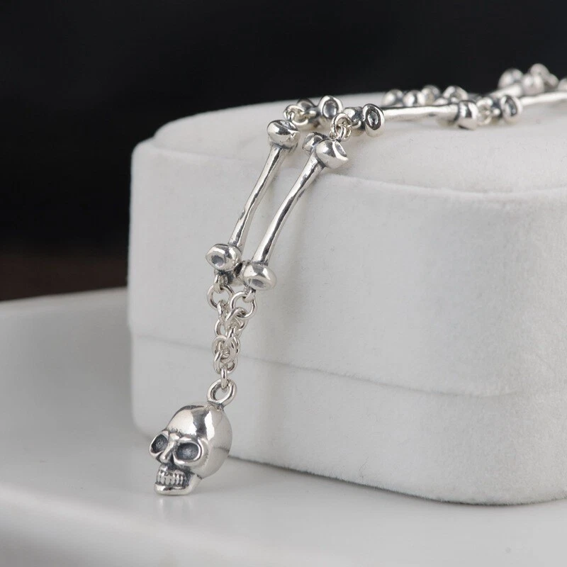 Pesado S925 Plata Esterlina Calavera y Hueso Eslabón Cadena Collar Gótico Punk Motociclista Foto 3 de 4