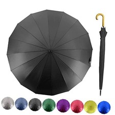 Windproof Large Umbrellas for Rain, 16 Ribs, J Wooden Handle, 52 Inch Black