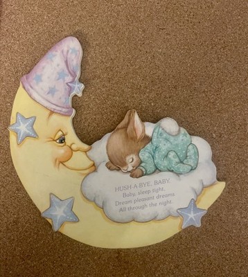 VTG Hallmark Plaque Nursery Friends Baby Bunny & Moon USA 1985 Hush A Bye Baby