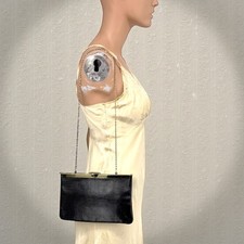Vintage Etra Black Textured Genuine Leather Clutch Purse Bag Gold Tone Chain