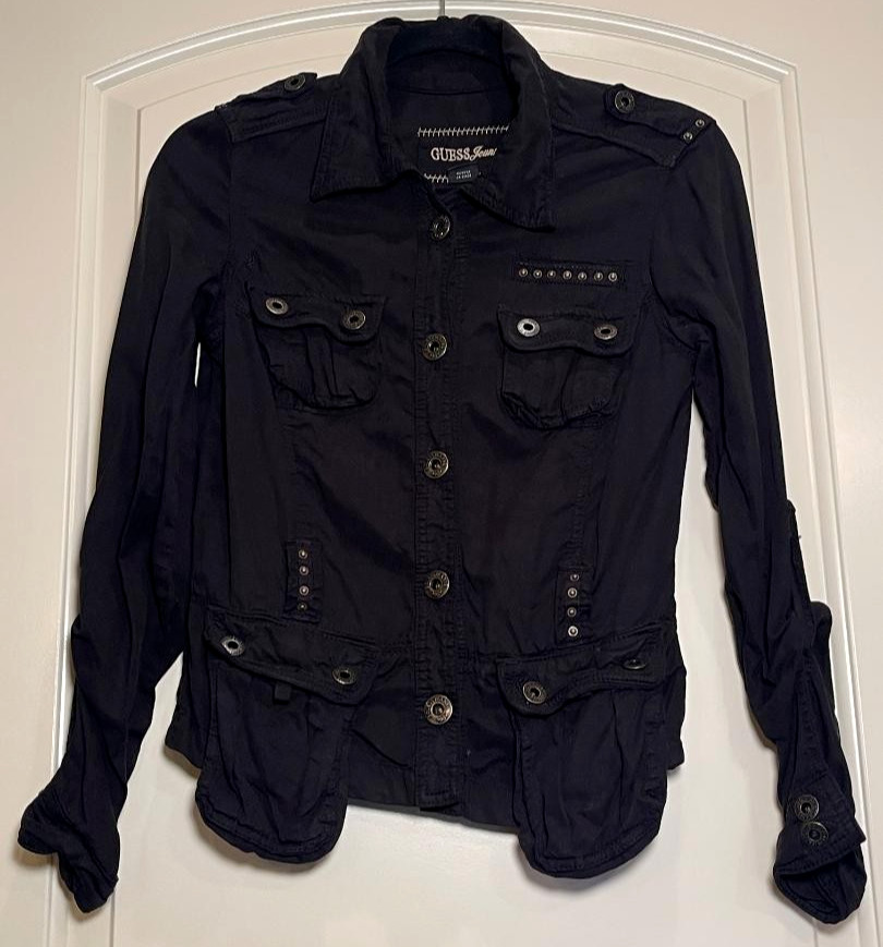 Guess Jeans Womens Edgy Black Jacket w/Bronze Buttons, Studding/drop pockets S