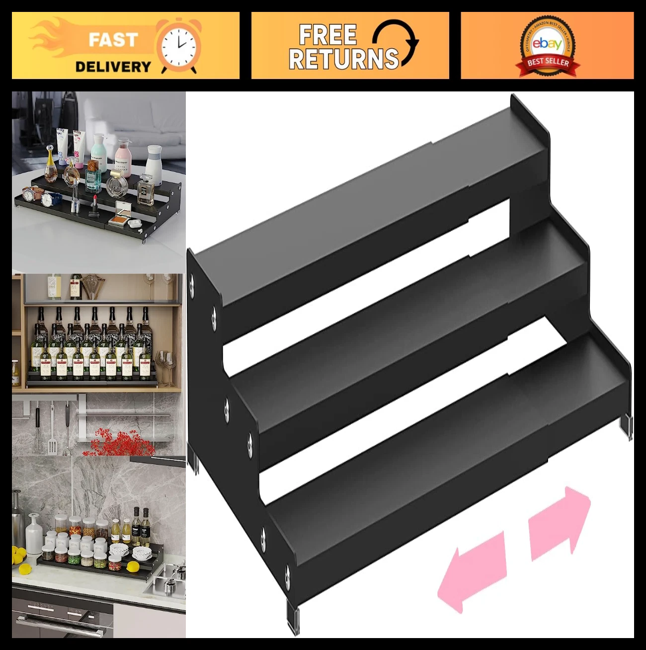 Expandable 3-Tier Spice Rack Organizer - Kitchen Storage Shelf for Cabinet & Pan