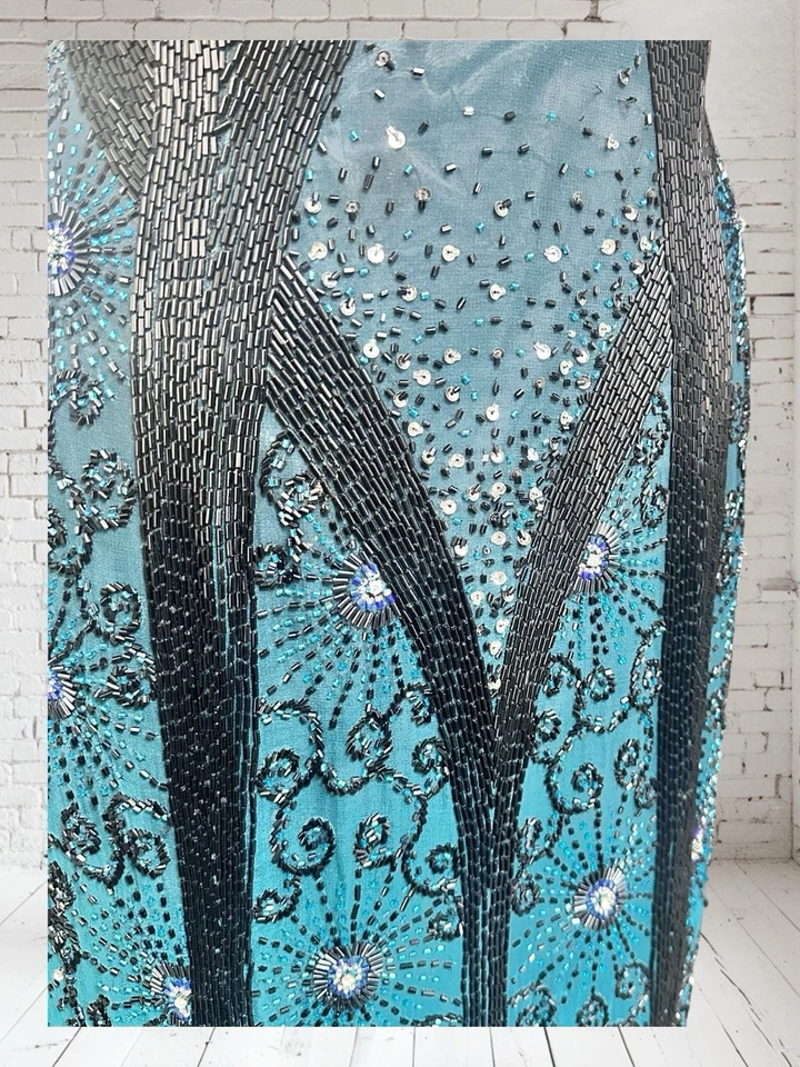 VTG Alyce Designs Silk Black Turquoise Teal Ombre Beaded Formal Gown Sz 4 Prom - Image 4 of 4