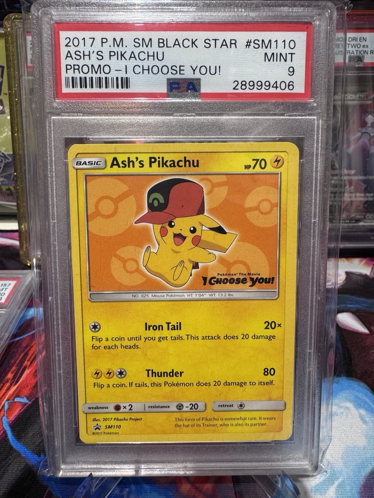 PSA 9 Ash's Pikachu SM110 Sun & Moon Black Star Promo Regular English 2017 70HP