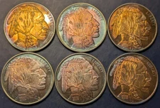 Six .999 Fine Silver 2015 Round 1 Troy Ounce  Indian Head / All NIcely Toned