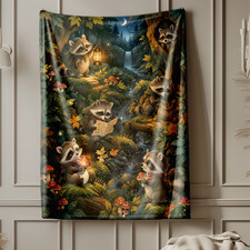 Woodland Raccoon Night Adventure Coral Fleece Blanket