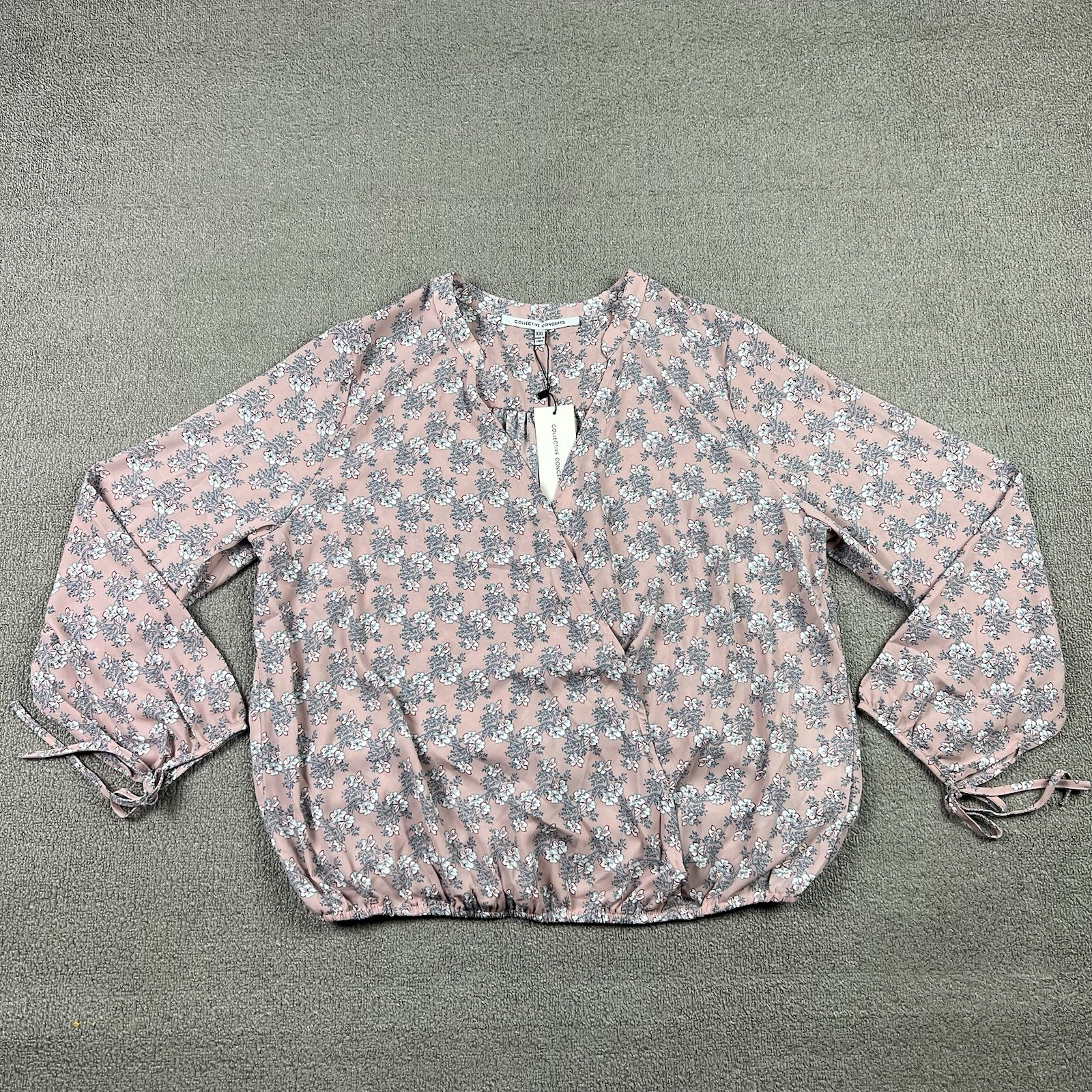 Collective Concepts Women's XXL Pink Floral Long Sleeve Tie Cuffs Surplice Neck