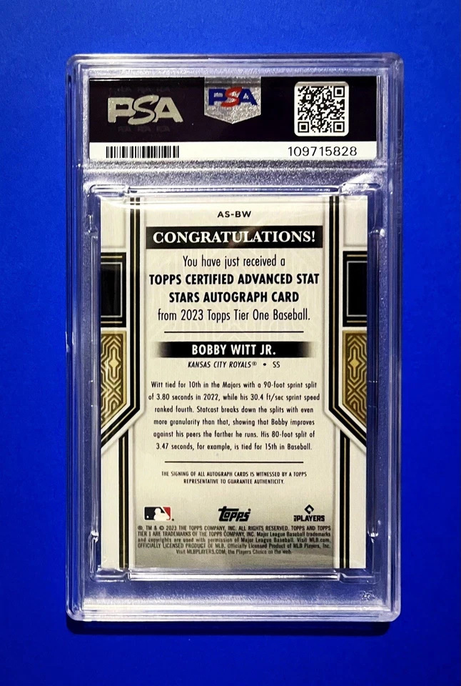 2023 Topps Tier One Bobby Witt Jr. Auto Advanced Stat Star Silver #/10 PSA 9 - Image 2 of 2