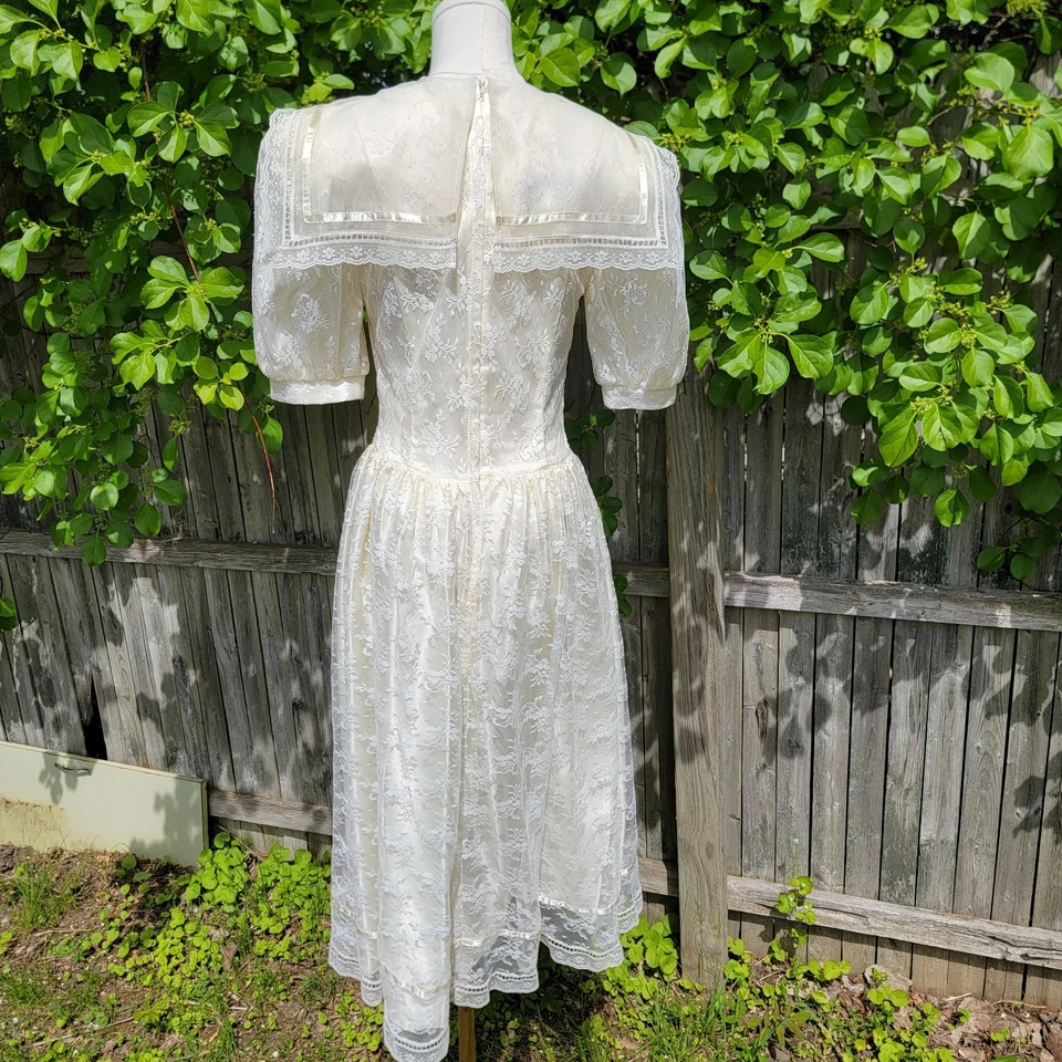 Vestido De Colección Gunne Sax Jessica McClintock Encaje Cuello Volantes Talla 7 Crema Pradera Foto 3 de 4