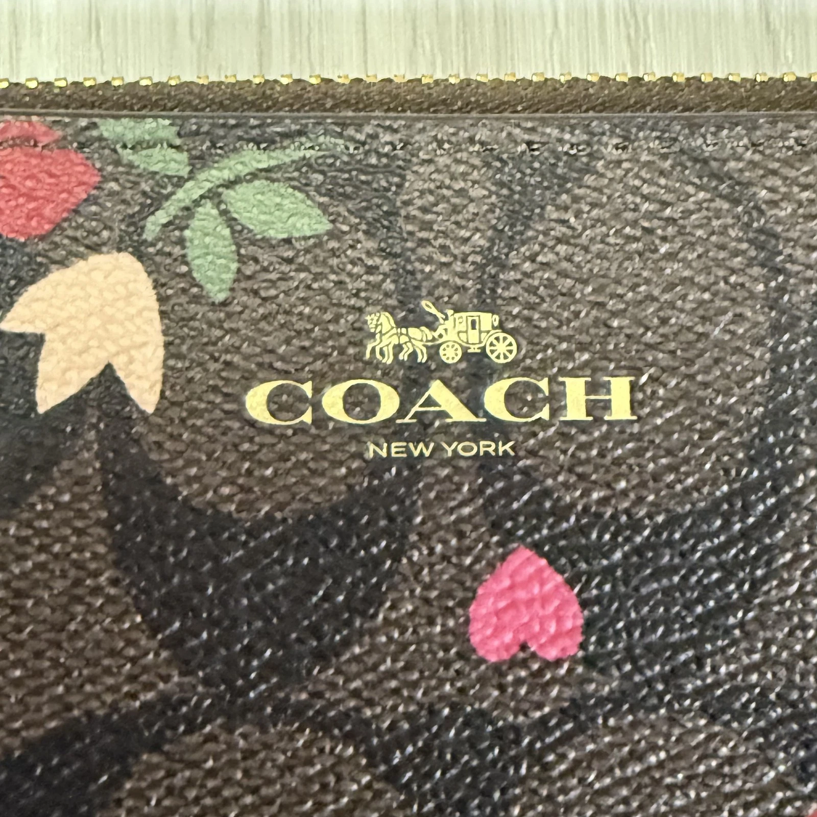 Coach Marsupio da Polso Donna Marrone Floreale Firma Tela Zip Portafoglio Borsa