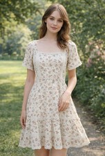 Doen dupe Whimsical Coquette Garden Floral Cottagecore Smocked Mini Dress M Lace