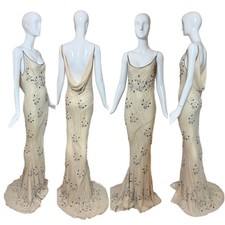 90's Vintage Couture Silk Hand Embroidered Beaded Cowl Back Evening Gown Maxi