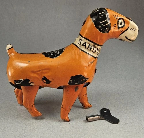 1930s MARX Little Orphan Annies Sandy Wind-Up Tin Litho walking dog with Key