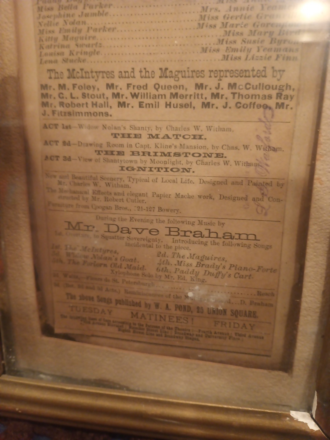 Framed 1880s Theatre Comique Playbill Lobby Card Display Sign NYC Broadway