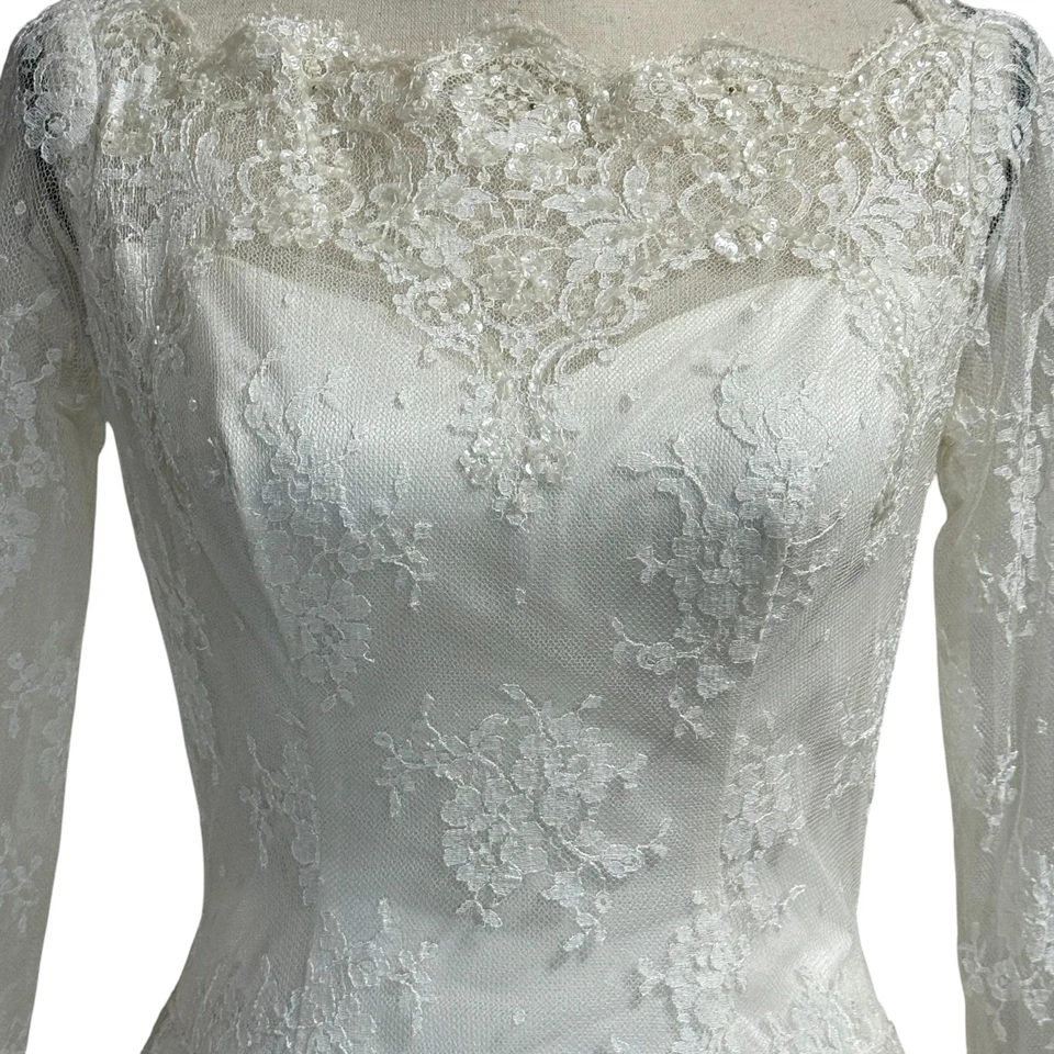 Vintage 50s Ivory Lace Wedding Gown Illusion Neckline - Image 2 of 4