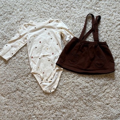 Carter's Cream Thanksgiving Turkey Bodysuit Brown Acorn Skirt Suspenders Outfit