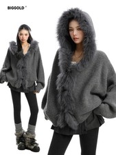 Big Fur Collar Hooded Sweater Female Autumn Winter Knitted Cardigan Top