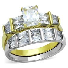 Women's Ring Set, Clear CZ, 14K Gold Plated, Stainless Steel, Bridal, Engagement