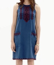 Madewell 100% Silk Embroidered Shift Dress Small Blue Sleeveless Pockets