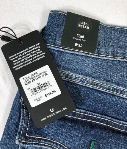 Pantalones de mezclilla ajustados relajados con bolsillo con solapa True Religion Geno SN 32 X 32" medianos otoño nuevos con etiquetas - Imagen 12 de 16